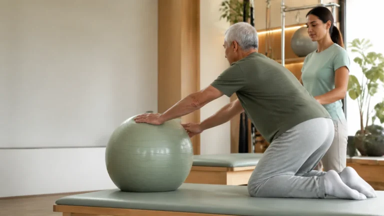 Pessoa com mais de 60 anos realiza exercício de fortalecimento com supervisão fisioterapêutica